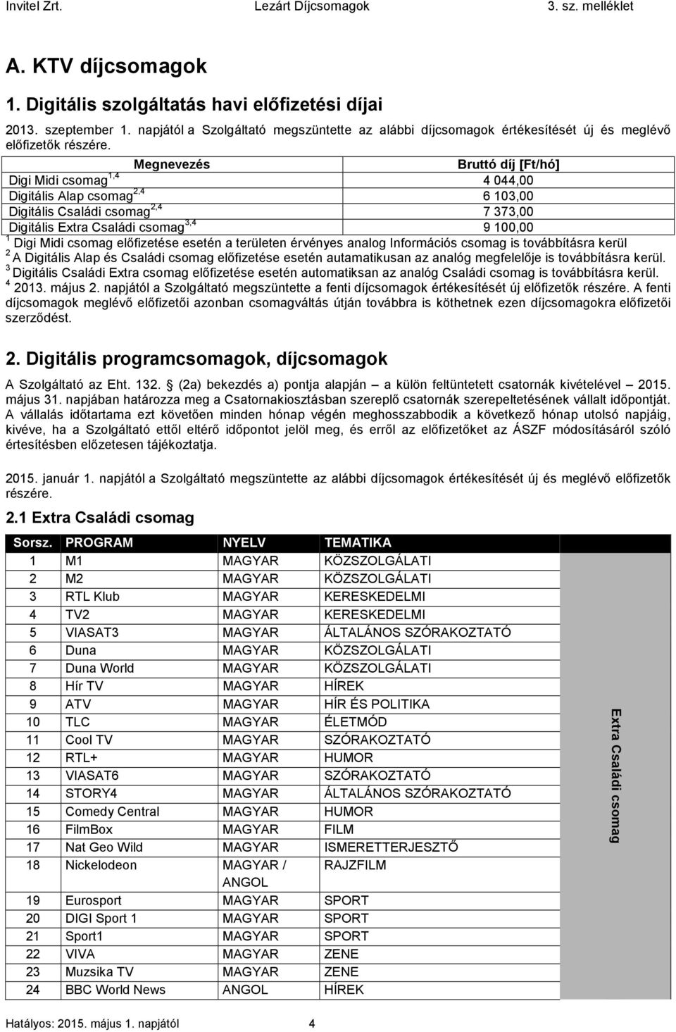 előfizetése esetén a területen érvényes analog Információs csomag is továbbításra kerül 2 A Digitális Alap és Családi csomag előfizetése esetén autamatikusan az analóg megfelelője is továbbításra