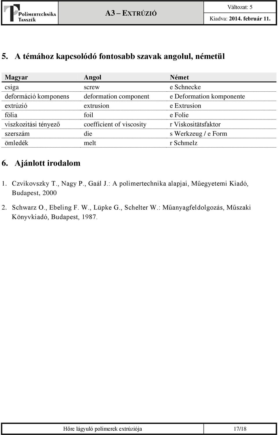 s Werkzeug / e Form ömledék melt r Schmelz 6. Ajánlott irodalom 1. Czvikovszky T., Nagy P., Gaál J.