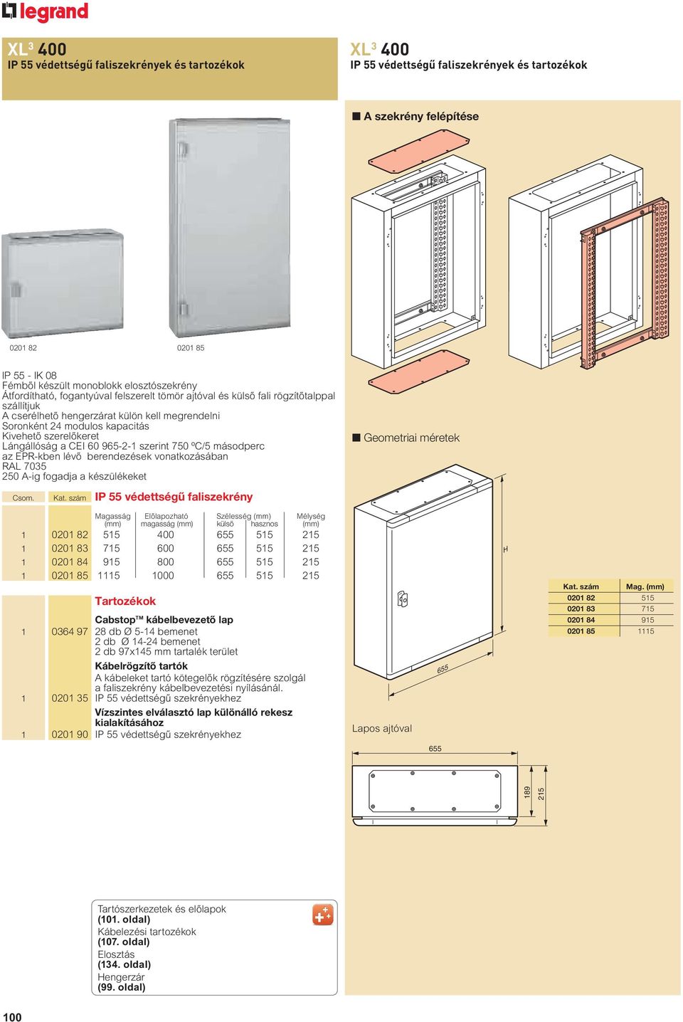 keret Lángállóság a CEI 60 965-2-1 szerint 750 ºC/5 másodperc az EPR-kben lév berendezések vonatkozásában RAL 7035 250 A-ig fogadja a készülékeket Geometriai méretek Csom. Kat.