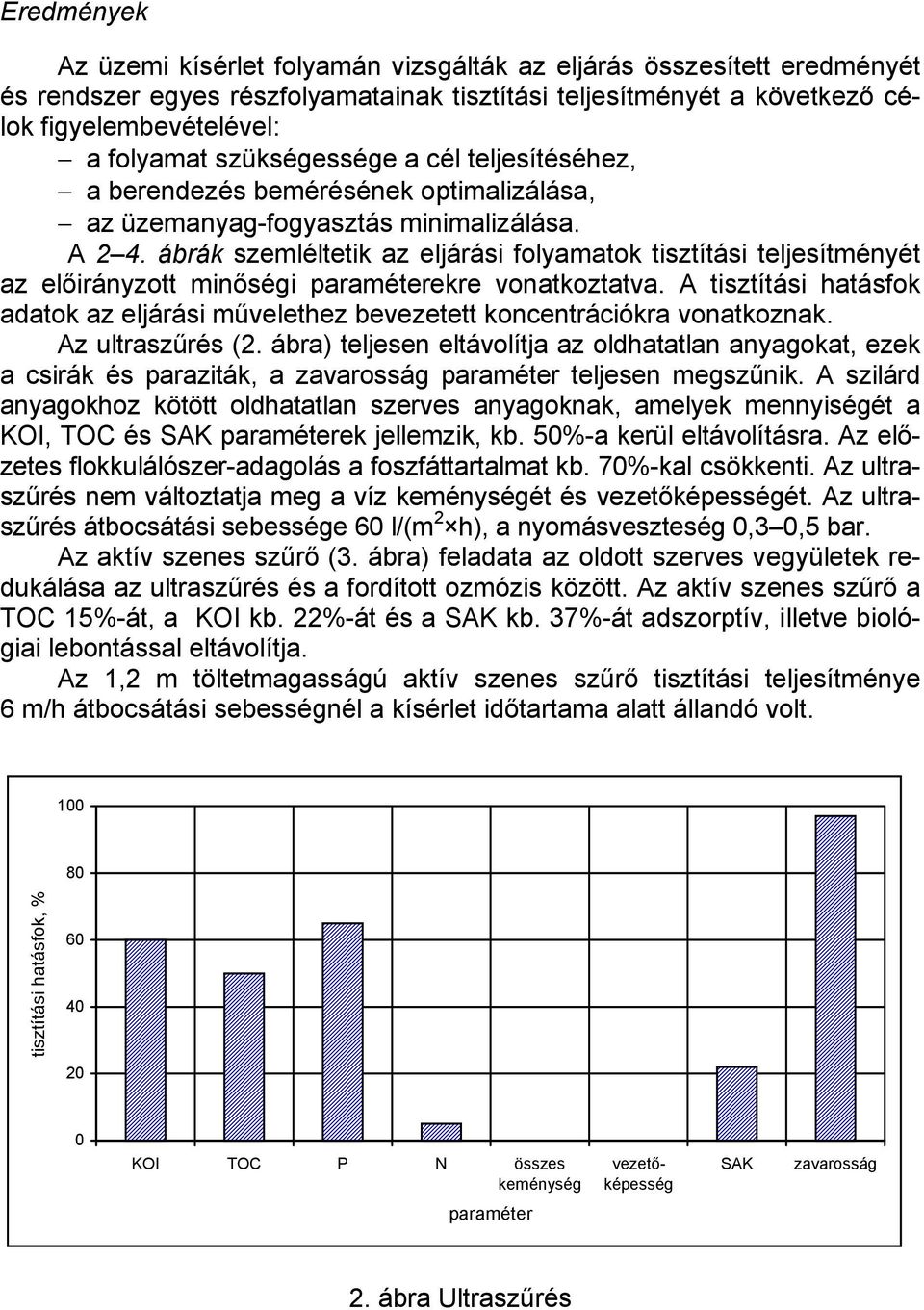 ábrák szemléltetik az eljárási folyamatok tisztítási teljesítményét az előirányzott minőségi paraméterekre vonatkoztatva.