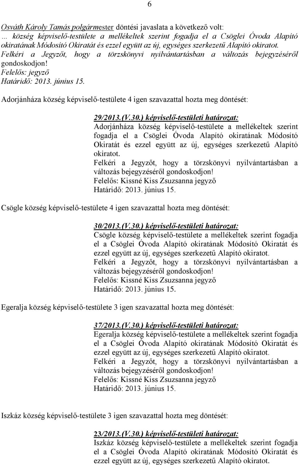 Felelős: jegyző Adorjánháza község képviselő-testülete 4 igen szavazattal hozta meg döntését: 29/2013.(V.30.