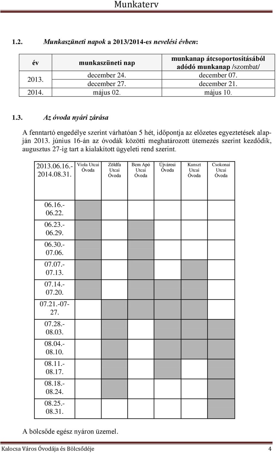 június 16-án az óvodák közötti meghatározott ütemezés szerint kezdődik, augusztus 27-ig tart a kialakított ügyeleti rend szerint. 2013.06.16.- 2014.08.31.