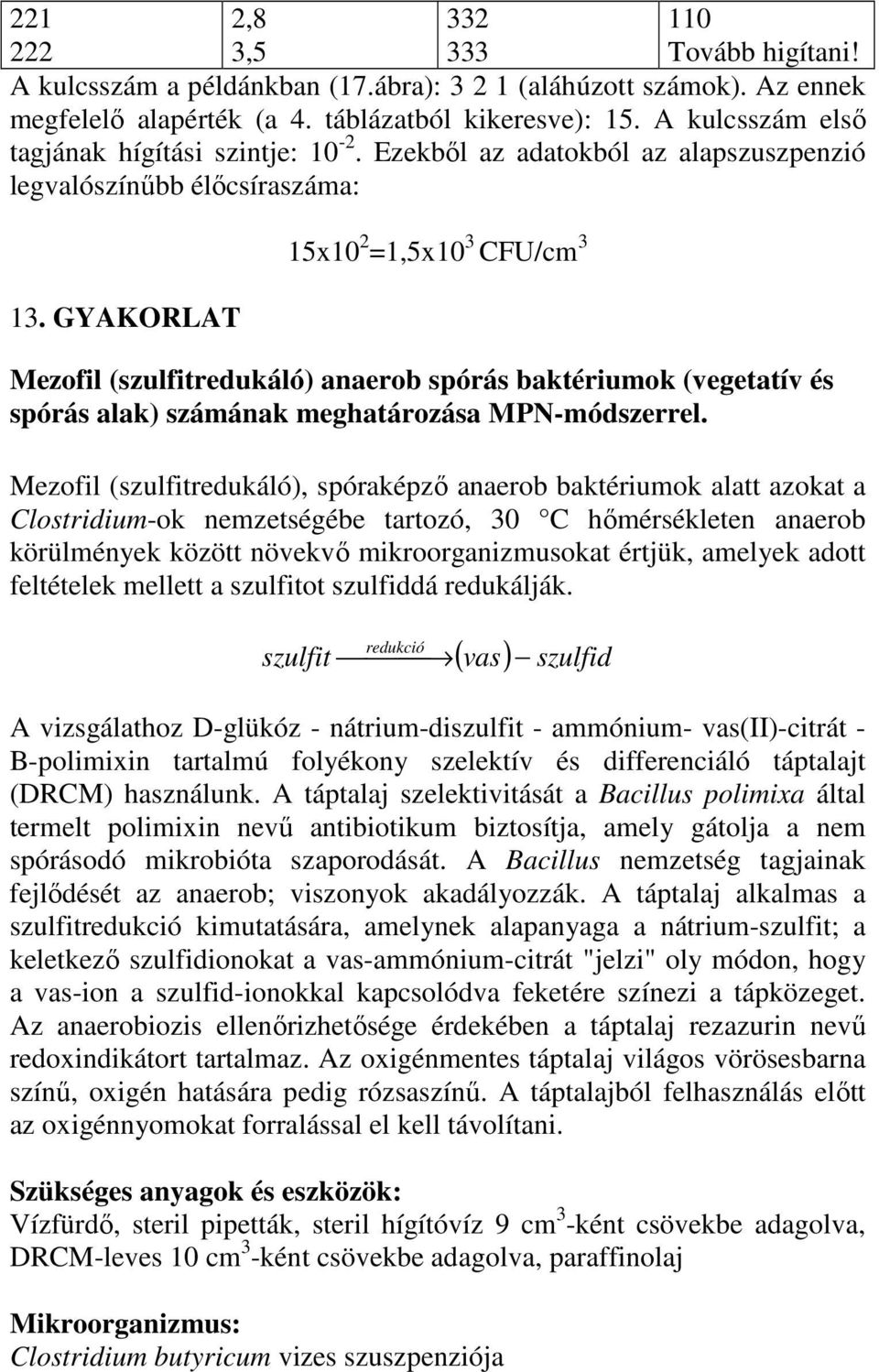 GYAKORLAT 15x10 2 =1,5x10 3 CFU/cm 3 Mezofil (szulfitredukáló) anaerob spórás baktériumok (vegetatív és spórás alak) számának meghatározása MPN-módszerrel.