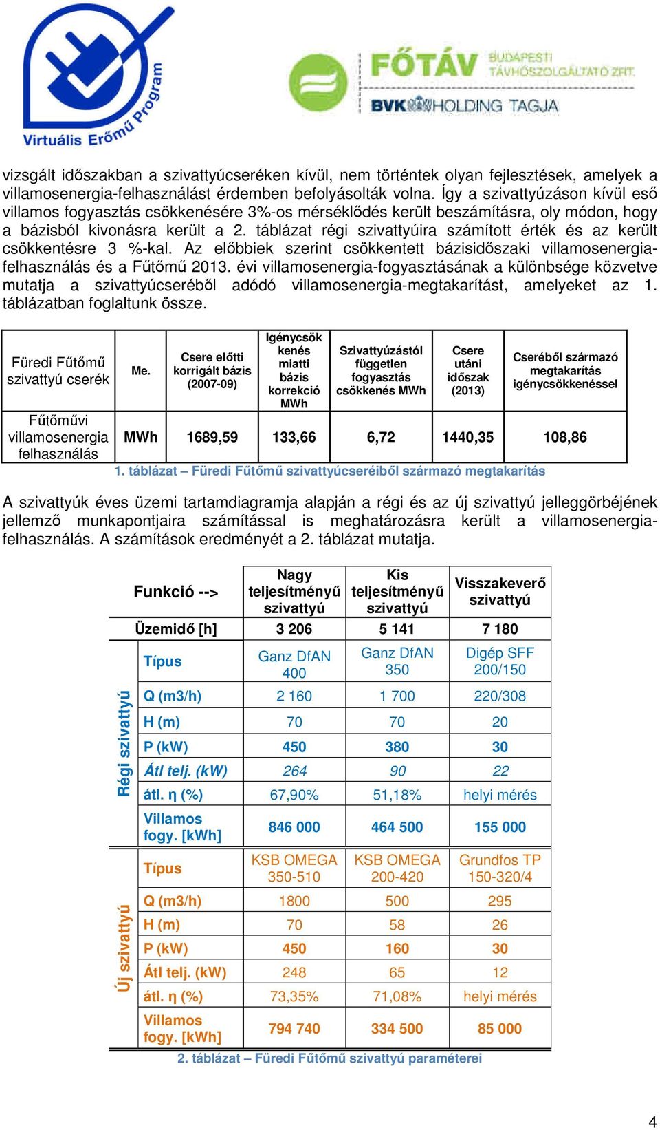 táblázat régi szivattyúira számított érték és az került csökkentésre 3 %-kal. Az előbbiek szerint csökkentett bázisidőszaki villamosenergiafelhasználás és a Fűtőmű 2013.