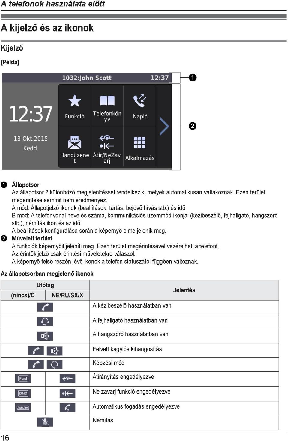 ) és idő B mód: A telefonvonal neve és száma, kommunikációs üzemmód ikonjai (kézibeszélő, fejhallgató, hangszóró stb.