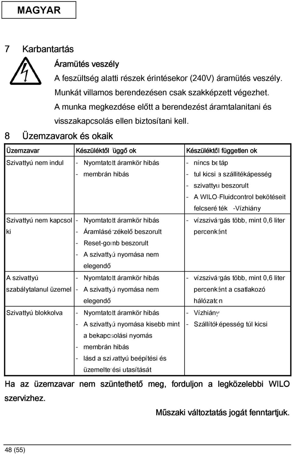 8 Üzemzavarok és okaik Üzemzavar Készüléktől függő ok Készüléktől független ok Szivattyú nem indul - Nyomtatott áramkör hibás - membrán hibás - níncs betáp - tul kicsi a szállitékápesség - szivattyú