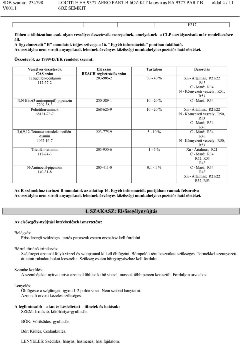 Összetevők az 1999/45/EK rendelet szerint: N,N-Bisz(3-aminopropil)-piperazin 7209-38-3 Polietilén-aminok 68131-73-7 3,6,9,12-Tetraaza-tetradekametiléndiamin 4067-16-7 EK szám REACH regisztrációs szám