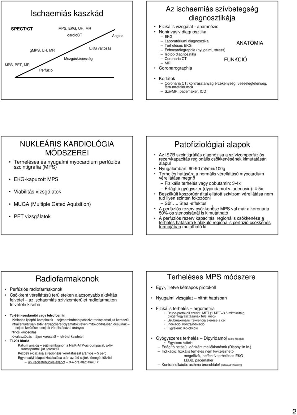 kontrasztanyag érzékenység, veseelégtelenség, fém-artefaktumok SzívMR: pacemaker, ICD NUKLEÁRIS KARDIOLÓGIA MÓDSZEREI Terheléses és nyugalmi myocardium perfúziós szcintigráfia (MPS) EKG-kapuzott MPS