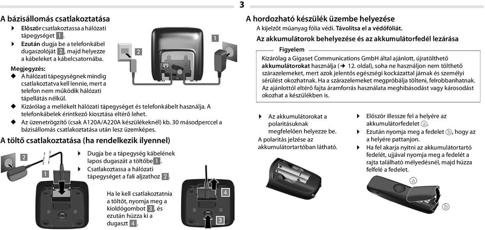 A telefonkábelek érintkező kiosztása eltérő lehet. Az üzenetrögzítő (csak A120A/A220A készülékeknél) kb. 30 másodperccel a bázisállomás csatlakoztatása után lesz üzemképes.