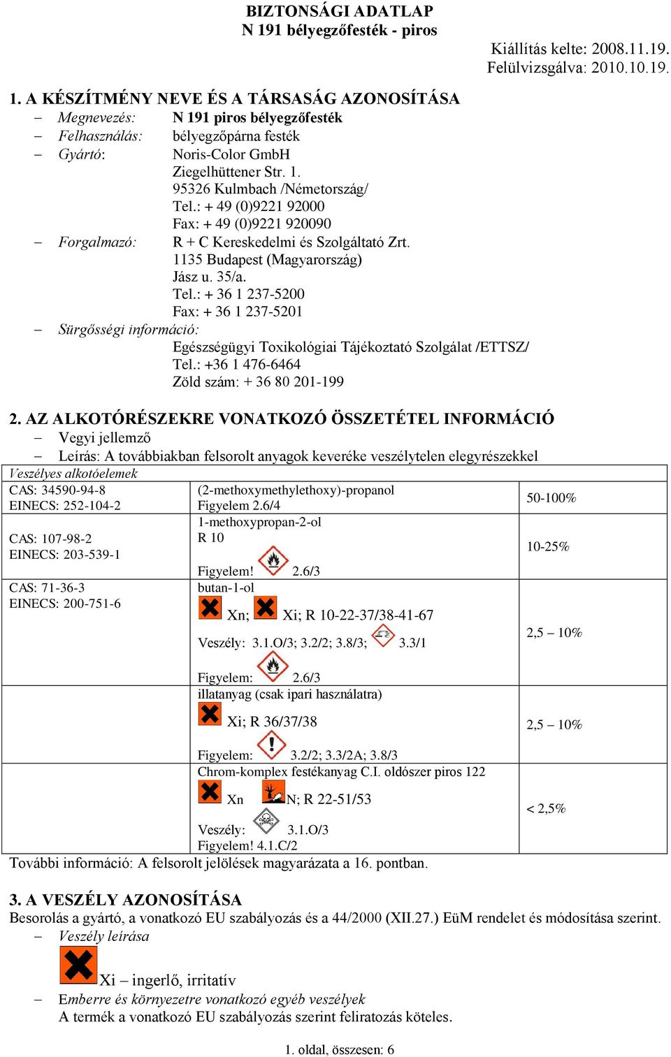 : + 36 1 237-5200 Fax: + 36 1 237-5201 Sürgősségi információ: Egészségügyi Toxikológiai Tájékoztató Szolgálat /ETTSZ/ Tel.: +36 1 476-6464 Zöld szám: + 36 80 201-199 2.