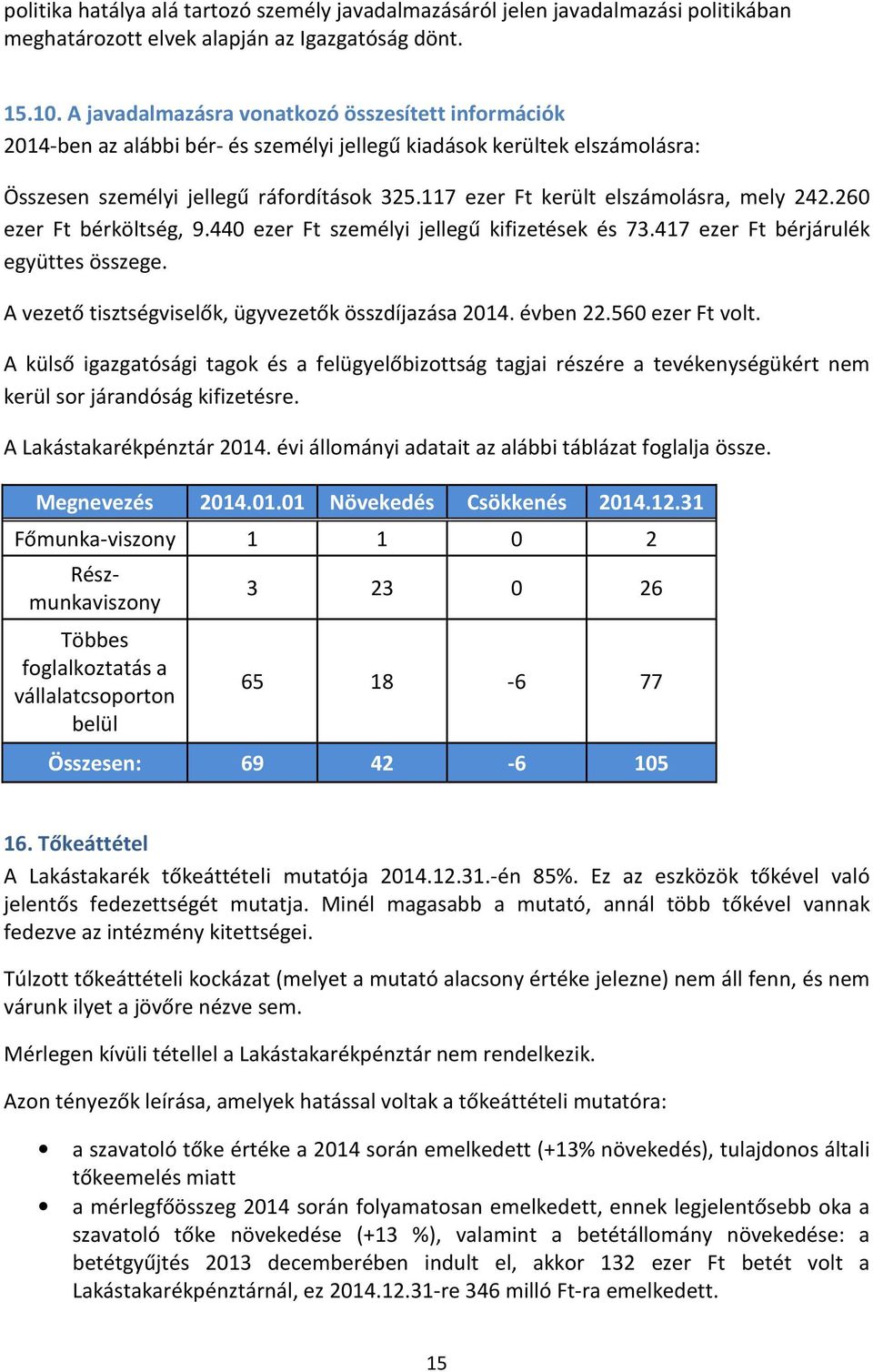 117 ezer Ft került elszámolásra, mely 242.260 ezer Ft bérköltség, 9.440 ezer Ft személyi jellegű kifizetések és 73.417 ezer Ft bérjárulék együttes összege.