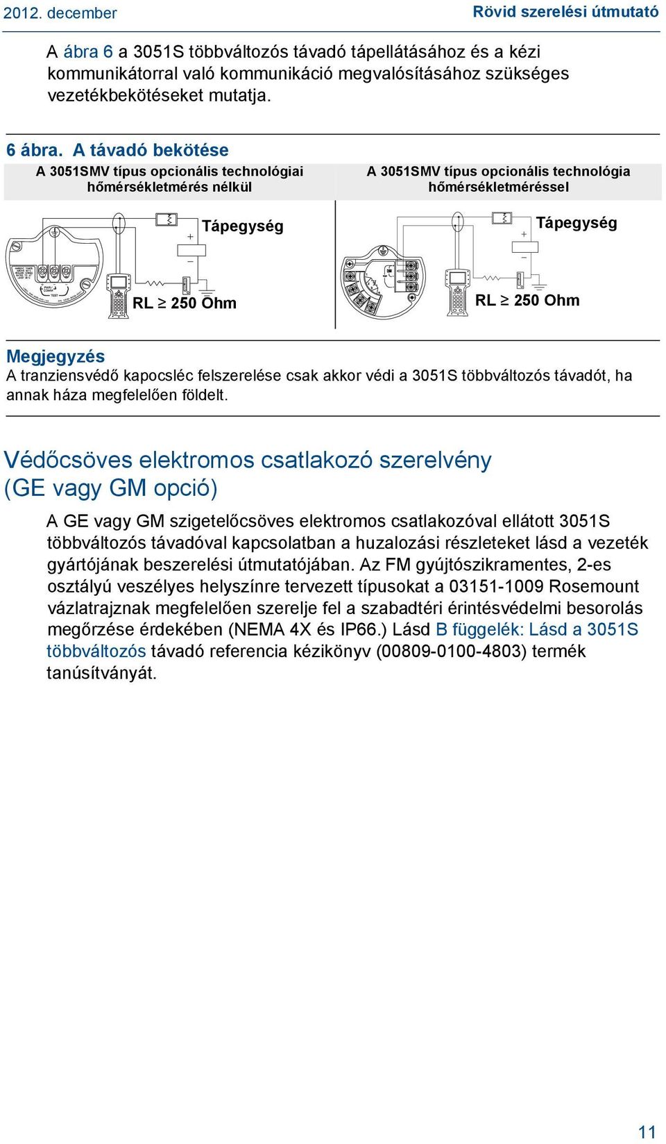 tranziensvédő kapocsléc felszerelése csak akkor védi a 3051S többváltozós távadót, ha annak háza megfelelően földelt.