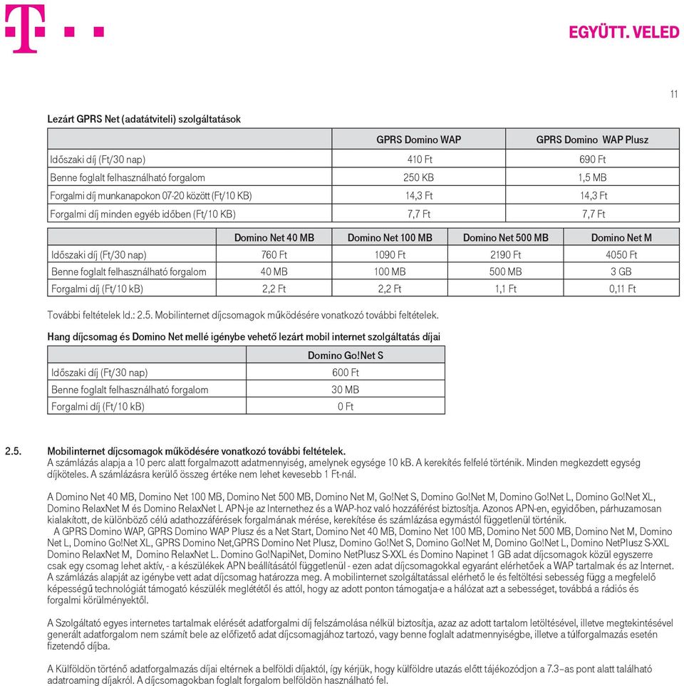 nap) 760 Ft 1090 Ft 2190 Ft 4050 Ft Benne foglalt felhasználható forgalom 40 MB 100 MB 500 MB 3 GB Forgalmi díj (Ft/10 kb) 2,2 Ft 2,2 Ft 1,1 Ft 0,11 Ft További feltételek ld.: 2.5. Mobilinternet díjcsomagok működésére vonatkozó további feltételek.