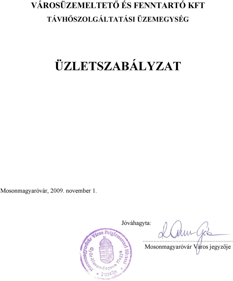 ÜZLETSZABÁLYZAT Mosonmagyaróvár, 2009.