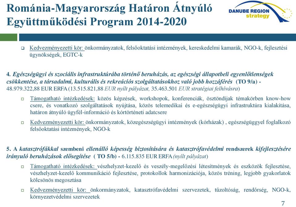 9/a) - 48.979.322,88 EUR ERFA (13.515.821,88 EUR nyílt pályázat, 35.463.