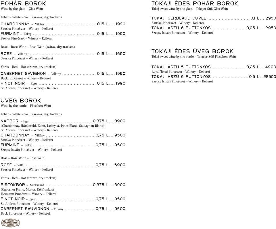 ...................... 0,15 l.... 1990 Bock Pincészet Winery Kellerei Pinot Noir Eger....................................... 0,15 l.... 1990 St.
