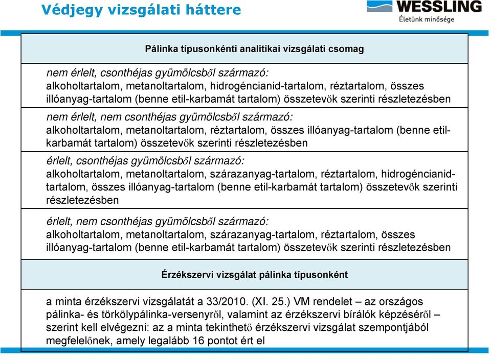 illóanyag-tartalom (benne etilkarbamát tartalom) összetevők szerinti részletezésben érlelt, csonthéjas gyümölcsből származó: alkoholtartalom, metanoltartalom, szárazanyag-tartalom, réztartalom,