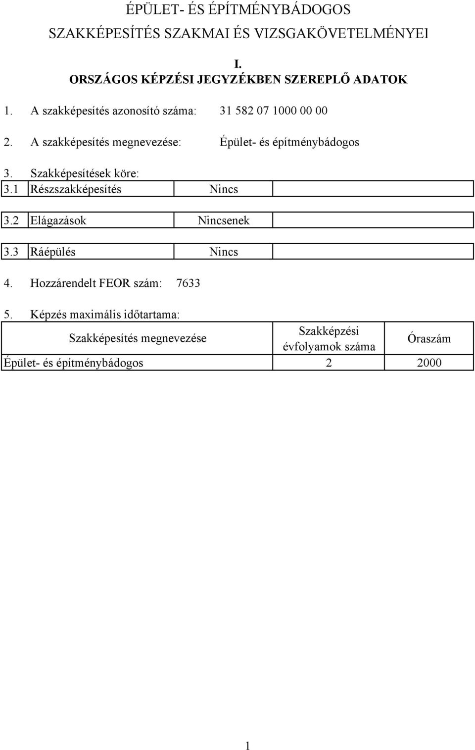 2 Elágazások 3.3 Ráépülés 4. Hozzárendelt FEOR szám: Nincs Nincsenek Nincs 7633 5.