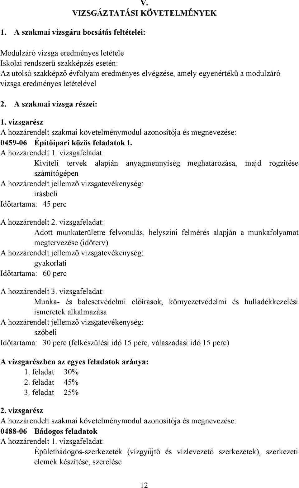 vizsga eredményes letételével 2. A szakmai vizsga részei: 1. vizsgarész A hozzárendelt szakmai követelménymodul azonosítója és megnevezése: 0459-06 Építőipari közös feladatok I. A hozzárendelt 1.