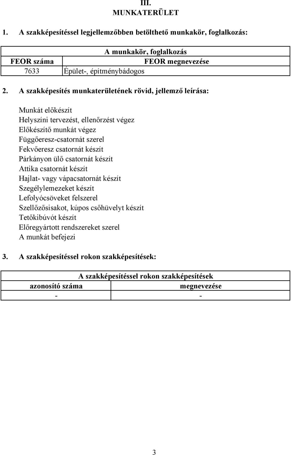 csatornát készít Párkányon ülő csatornát készít Attika csatornát készít Hajlat- vagy vápacsatornát készít Szegélylemezeket készít Lefolyócsöveket felszerel Szellőzősisakot, kúpos