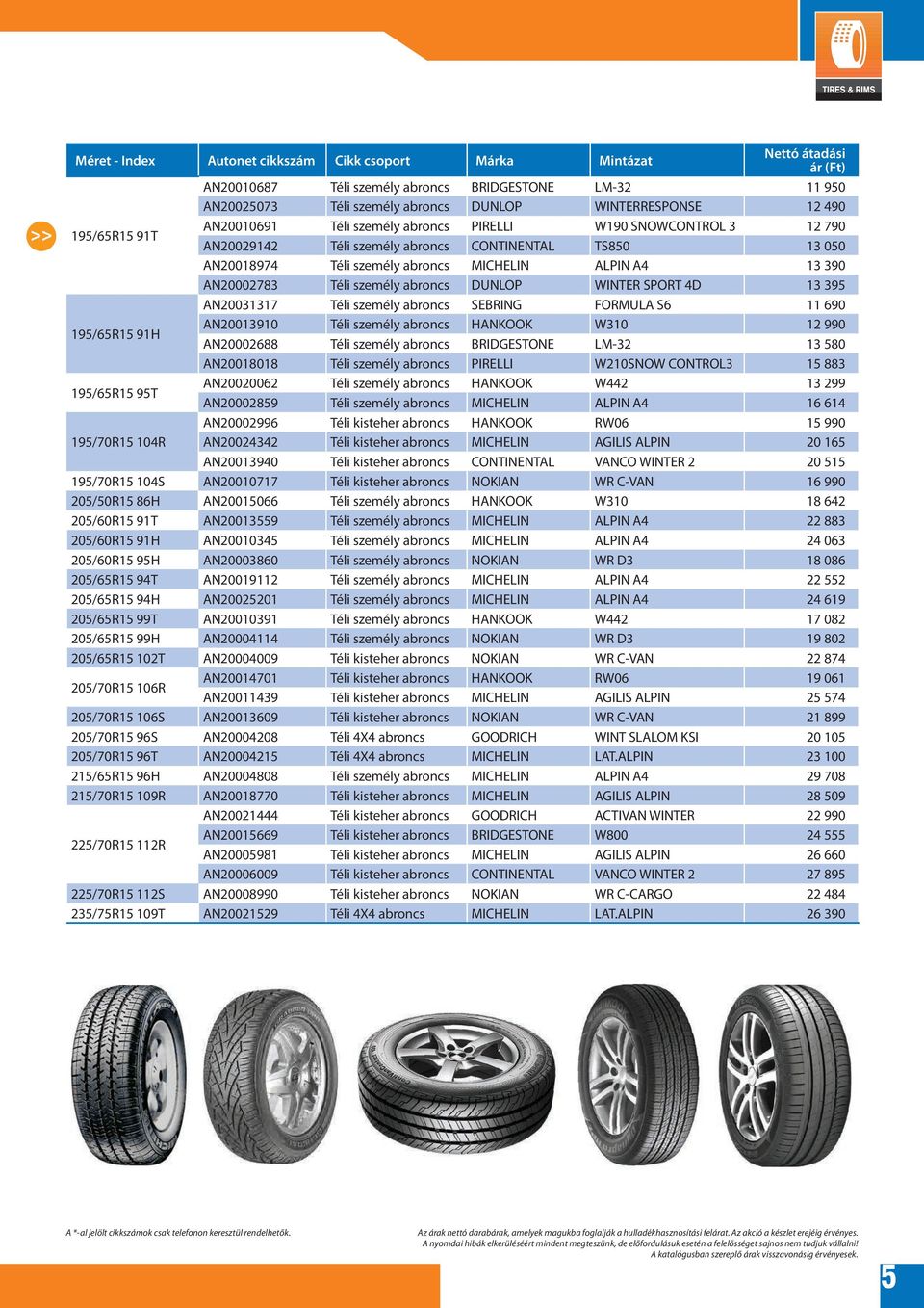 személy abroncs DUNLOP WINTER SPORT 4D 13 395 AN20031317 Téli személy abroncs SEBRING FORMULA S6 11 690 195/65R15 91H AN20013910 Téli személy abroncs HANKOOK W310 12 990 AN20002688 Téli személy