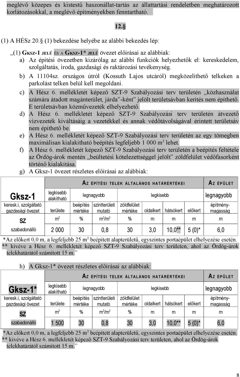 szolgáltatás, iroda, gazdasági és raktározási tevékenység. b) A 11104sz. országos útról (Kossuth Lajos utcáról) egközelíthető telkeken a parkolást telken belül kell egoldani. c) A Hész 6.