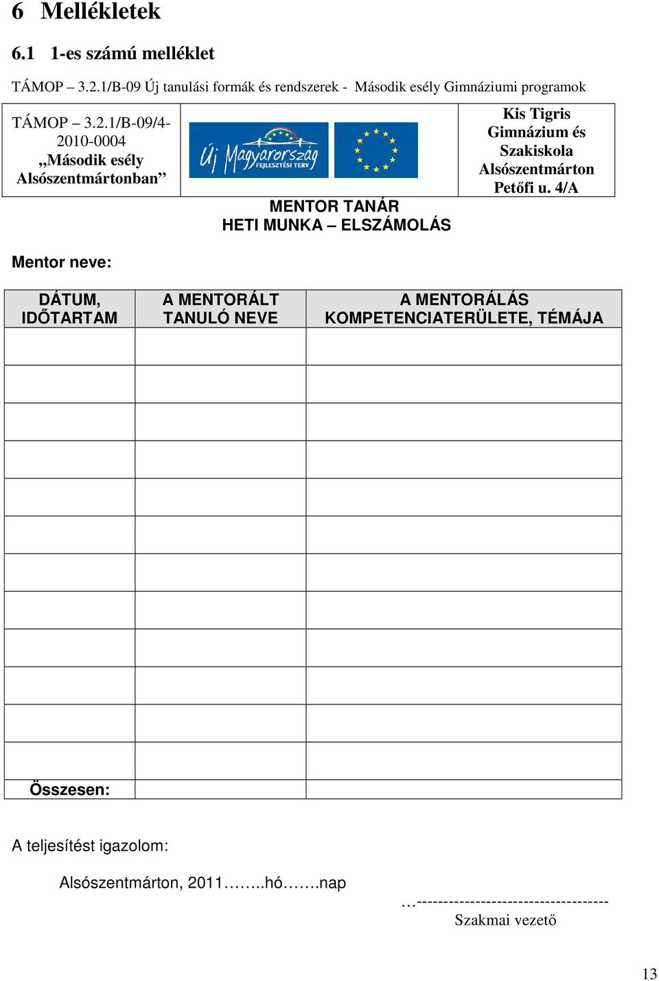 1/B-09/4-2010-0004 Második esély Alsószentmártonban Mentor neve: MENTOR TANÁR HETI MUNKA ELSZÁMOLÁS Kis Tigris Gimnázium és