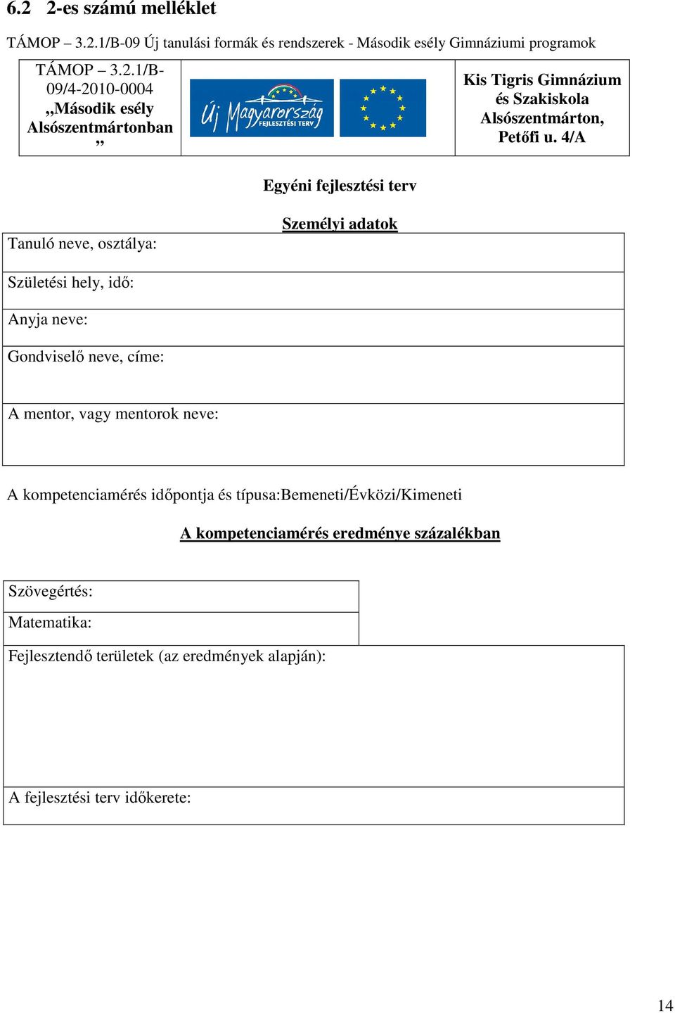 időpontja és típusa:bemeneti/évközi/kimeneti A kompetenciamérés eredménye százalékban Szövegértés: Matematika: Fejlesztendő területek (az eredmények