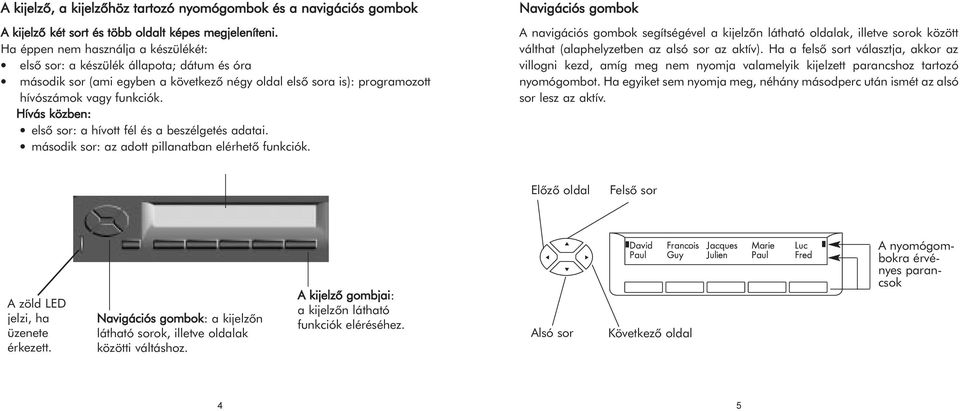 Hívás közben: elsõ sor: a hívott fél és a beszélgetés adatai. második sor: az adott pillanatban elérhetõ funkciók.