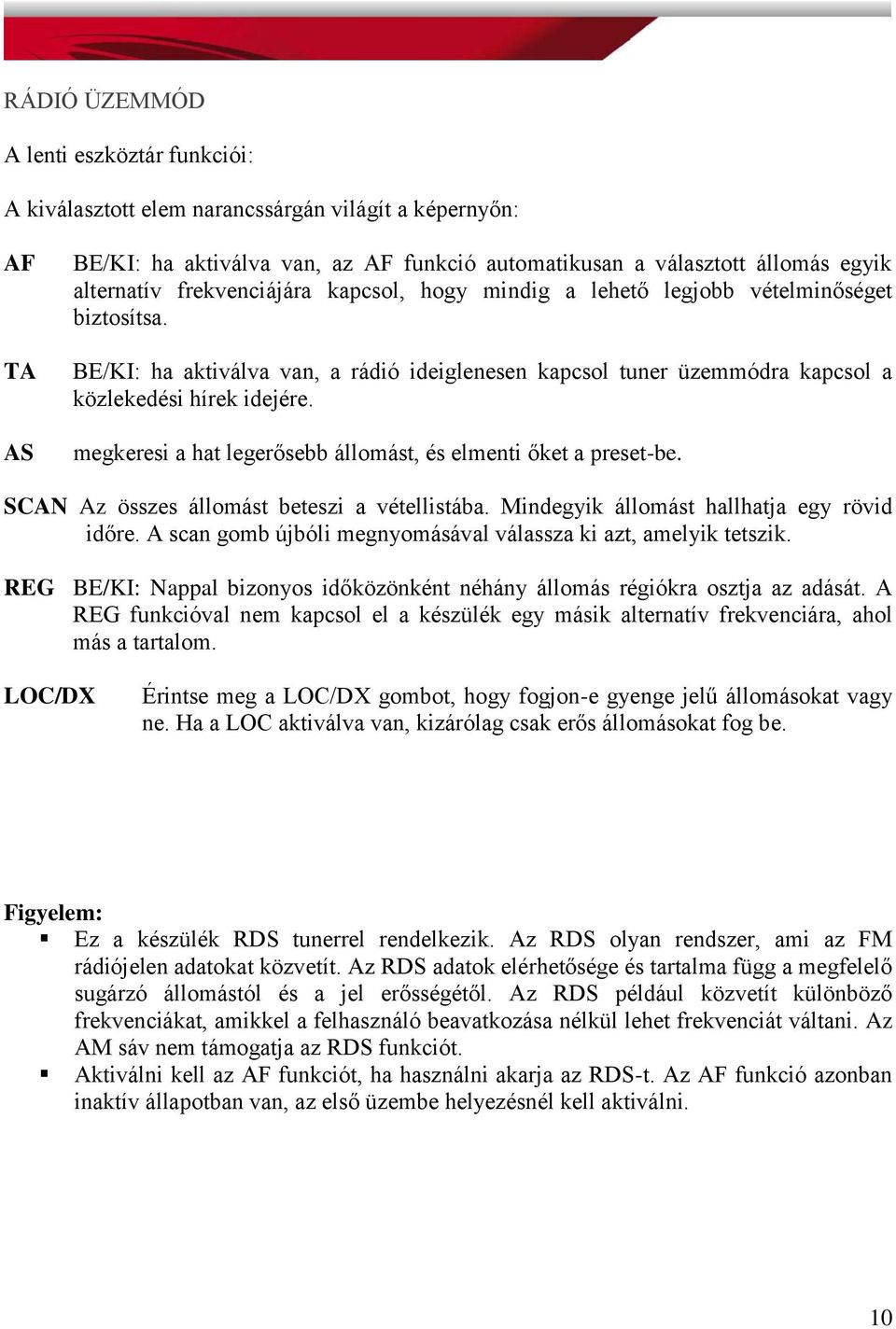 megkeresi a hat legerősebb állomást, és elmenti őket a preset-be. SCAN Az összes állomást beteszi a vétellistába. Mindegyik állomást hallhatja egy rövid időre.