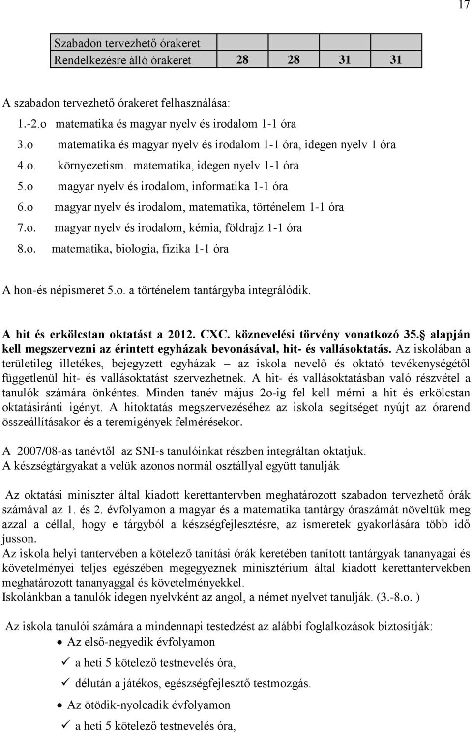 o magyar nyelv és irodalom, matematika, történelem 1-1 óra 7.o. magyar nyelv és irodalom, kémia, földrajz 1-1 óra 8.o. matematika, biologia, fizika 1-1 óra A hon-és népismeret 5.o. a történelem tantárgyba integrálódik.