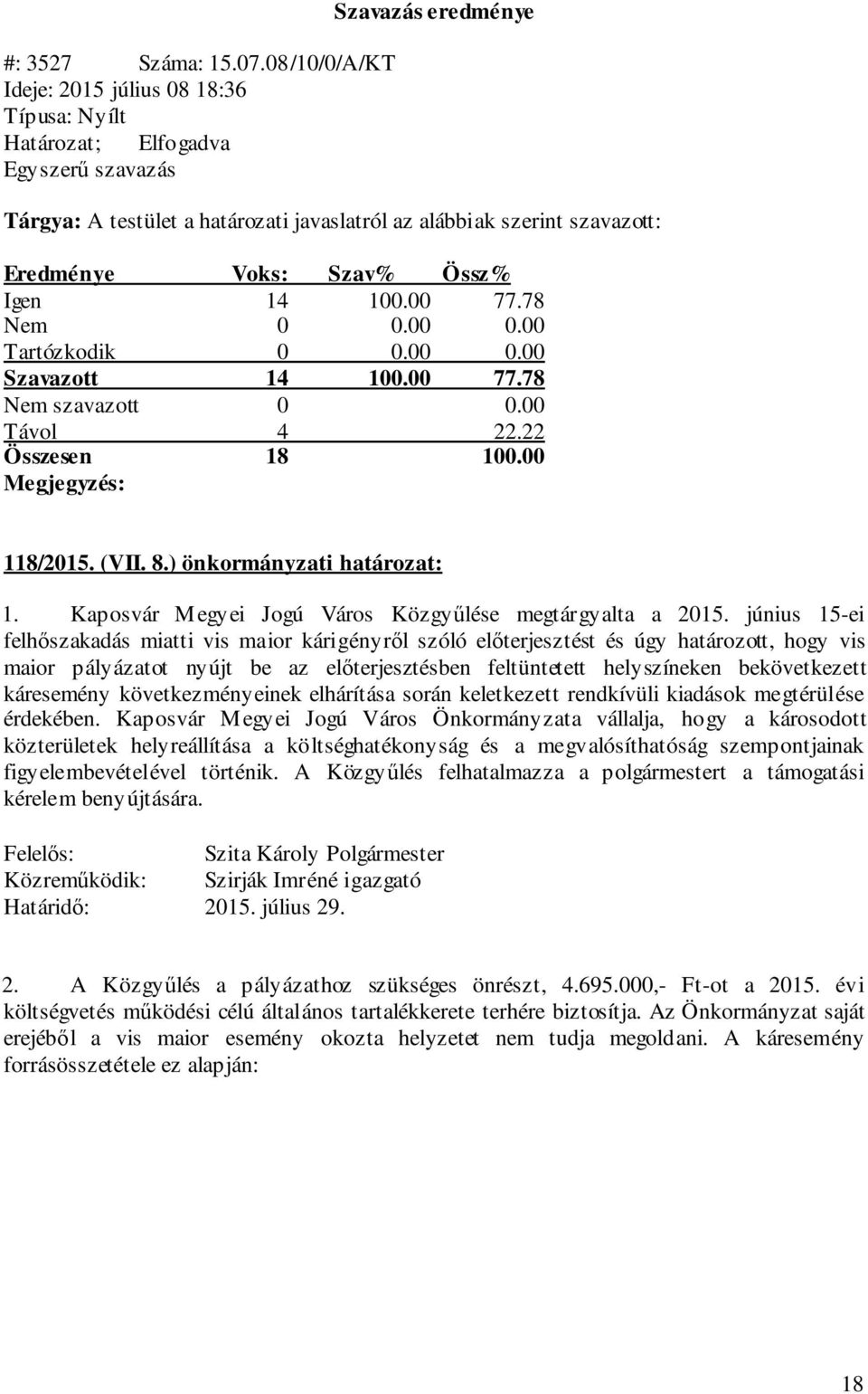 június 15-ei felhőszakadás miatti vis maior kárigényről szóló előterjesztést és úgy határozott, hogy vis maior pályázatot nyújt be az előterjesztésben feltüntetett helyszíneken bekövetkezett