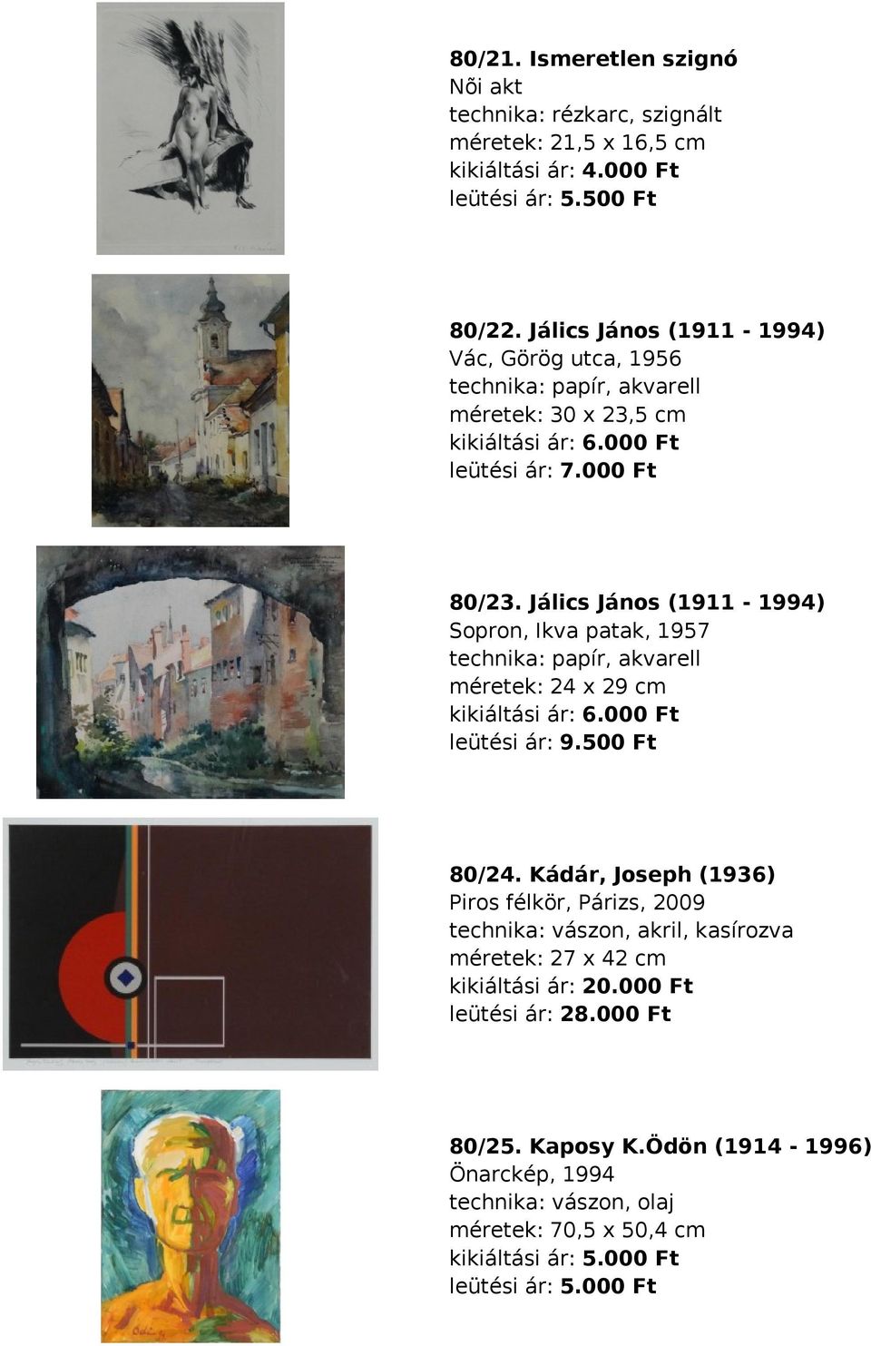 Jálics János (1911-1994) Sopron, Ikva patak, 1957 technika: papír, akvarell méretek: 24 x 29 cm kikiáltási ár: 6.000 Ft leütési ár: 9.500 Ft 80/24.