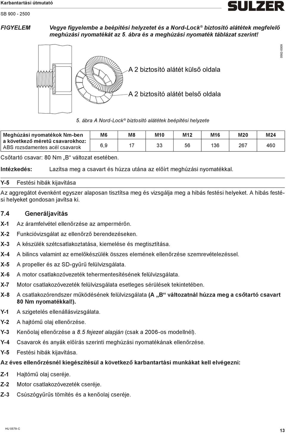 esetében. 5. ábra A Nord-Lock biztosító alátétek beépítési helyzete M6 M8 M10 M12 M16 M20 M24 6,9 17 33 56 136 267 460 Lazítsa eg a csavart és húzza utána az előírt eghúzási nyoatékkal.