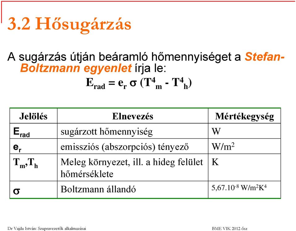 rad sugárzott hőmennyiség W e r emissziós (abszorpciós) tényező W/m 2 T m,t h