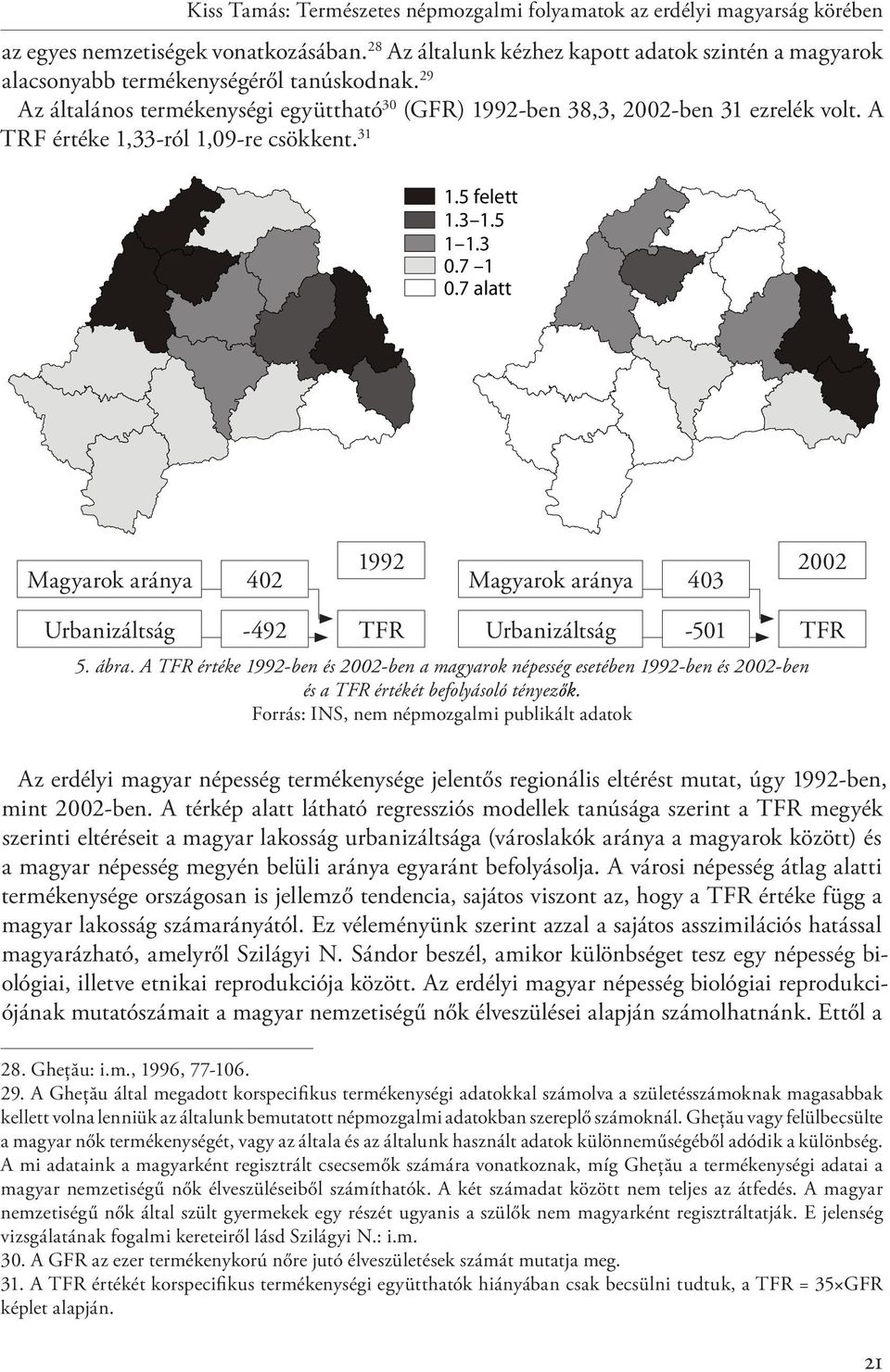 A TRF értéke 1,33-ról 1,09-re csökkent. 31 Magyarok aránya 402 1992 Magyarok aránya 403 2002 Urbanizáltság -492 TFR Urbanizáltság -501 TFR 5. ábra.