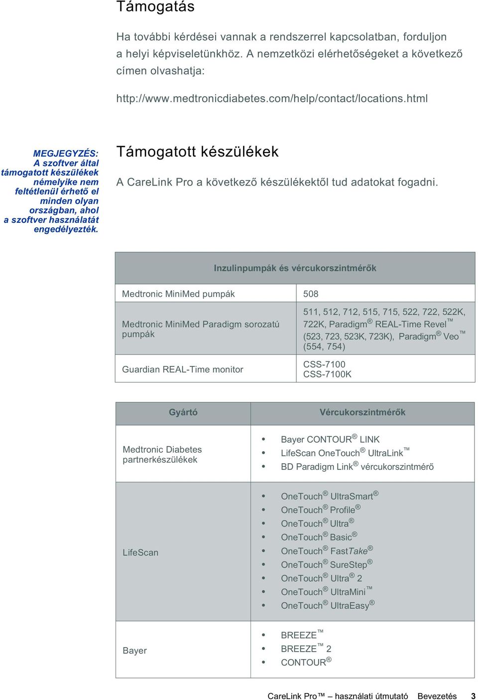 Támogatott készülékek A CareLink Pro a következ készülékekt l tud adatokat fogadni.