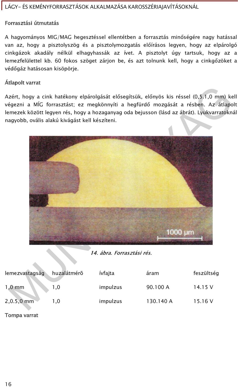 Átlapolt varrat Azért, hogy a cink hatékony elpárolgását elősegítsük, előnyös kis réssel (0,5.1,0 mm) kell végezni a MÍG forrasztást; ez megkönnyíti a hegfürdő mozgását a résben.