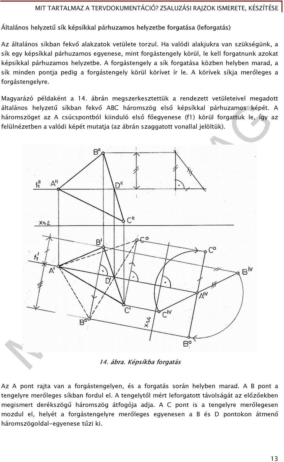 A forgástengely a sík forgatása közben helyben marad, a sík minden pontja pedig a forgástengely körül körívet ír le. A körívek síkja merőleges a forgástengelyre. Magyarázó példaként a 14.