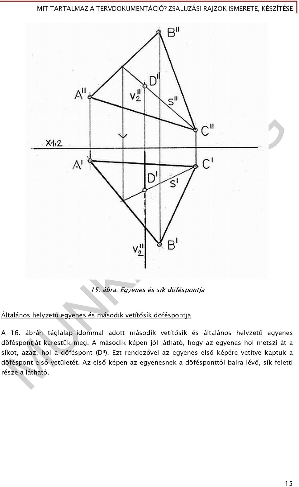 A második képen jól látható, hogy az egyenes hol metszi át a síkot, azaz, hol a döféspont (D II ).