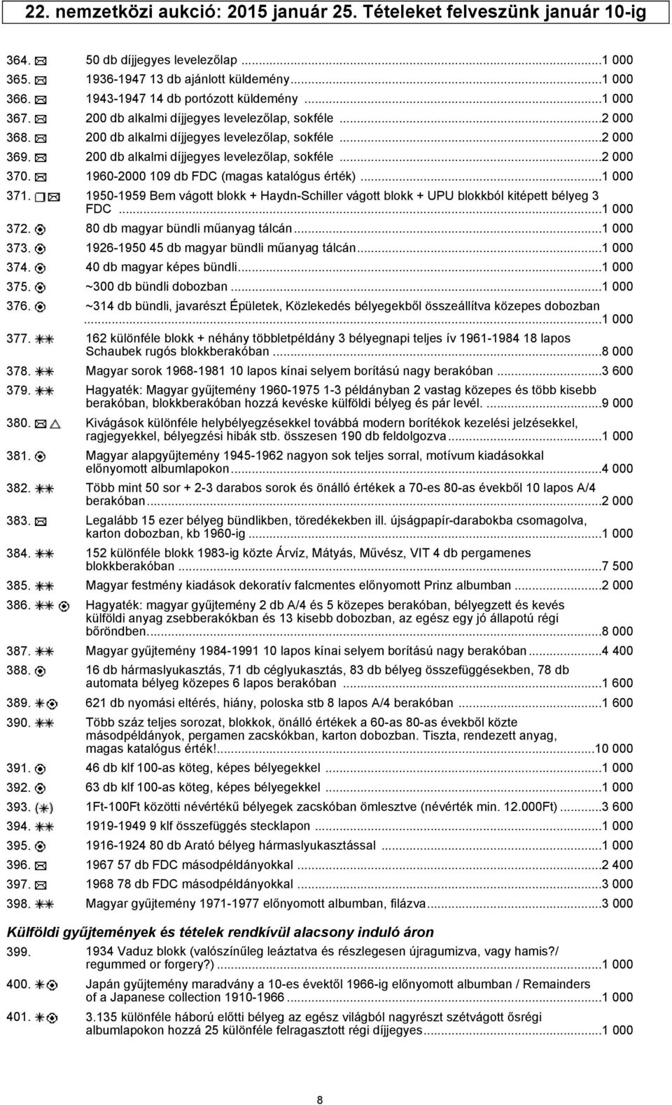 200 db alkalmi díjjegyes levelezőlap, sokféle...2 000 370. 1960-2000 109 db FDC (magas katalógus érték)...1 000 371.