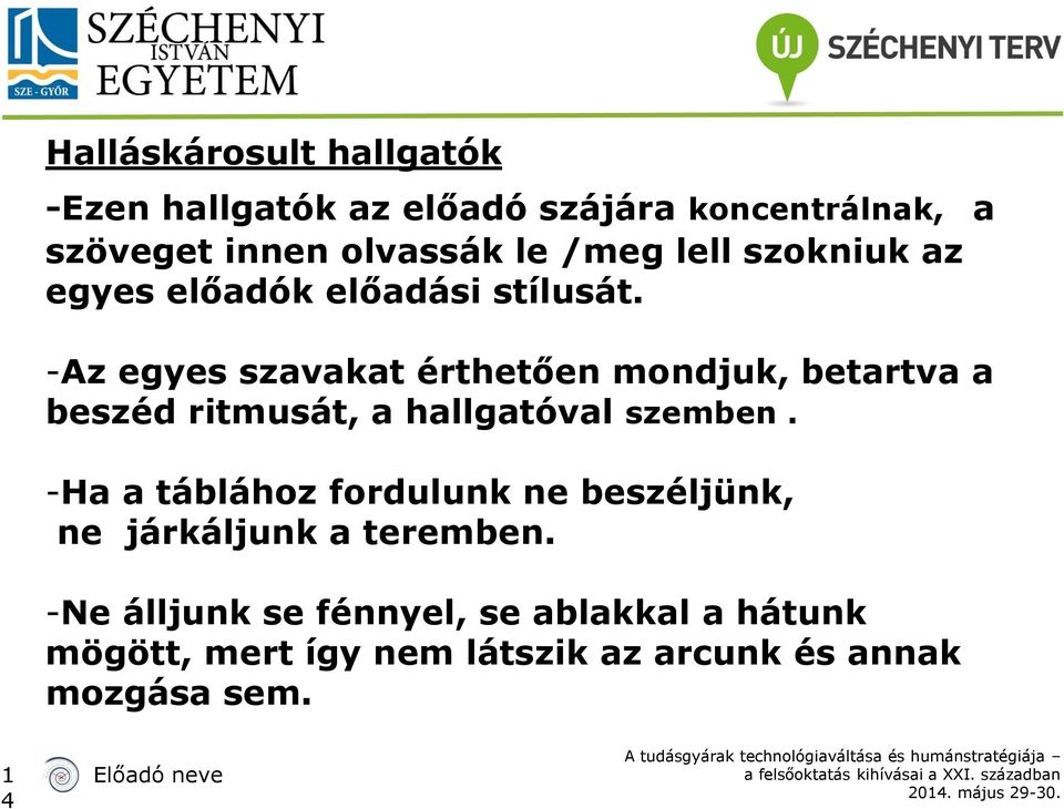 a -Az egyes szavakat érthetően mondjuk, betartva a beszéd ritmusát, a hallgatóval szemben.