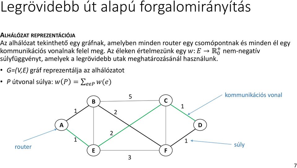 Az éleken értelmezünk egy w: E R 0 + nem-negatív súlyfüggvényt, amelyek a legrövidebb utak meghatározásánál