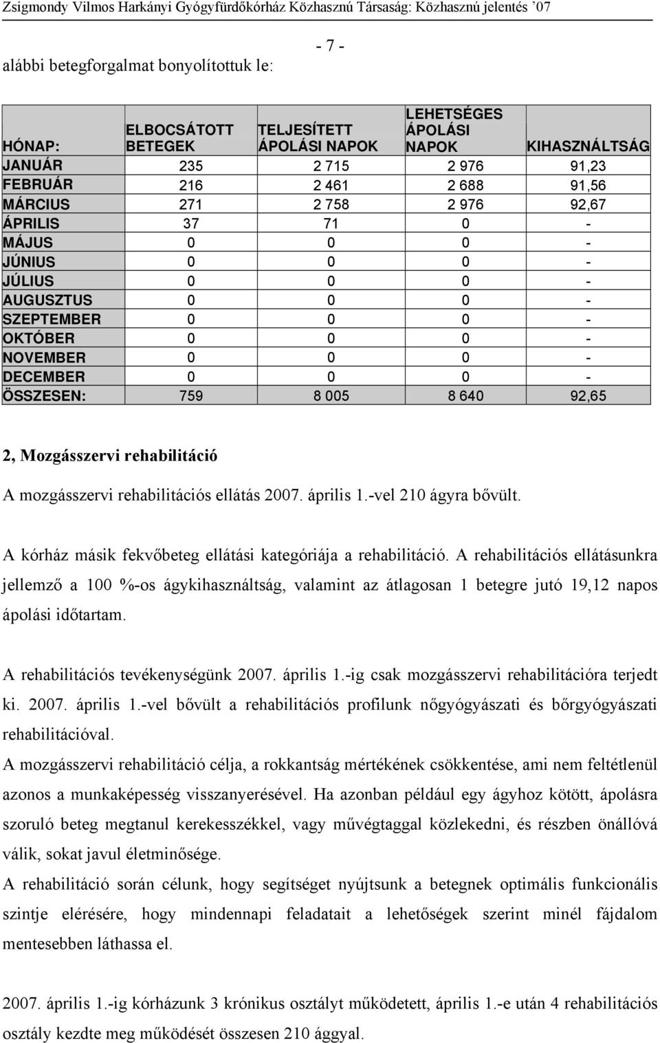 SZEPTEMBER 0 0 0 - OKTÓBER 0 0 0 - NOVEMBER 0 0 0 - DECEMBER 0 0 0 - ÖSSZESEN: 759 8 005 8 640 92,65 2, Mozgásszervi rehabilitáció A mozgásszervi rehabilitációs ellátás 2007. április 1.