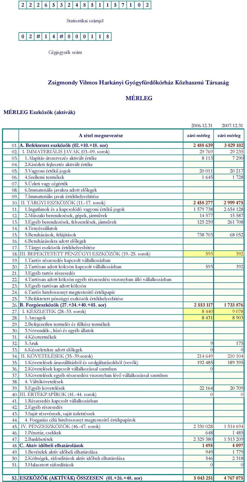 2.Kísérleti fejlesztés aktivált értéke 05. 3.Vagyoni értékű jogok 20 011 20 217 06. 4.Szellemi termékek 1 645 1 728 07. 5.Üzleti vagy cégérték 08. 6.Immateriális javakra adott előlegek 09. 7.Immateriális javak értékhelyesbítése 10.