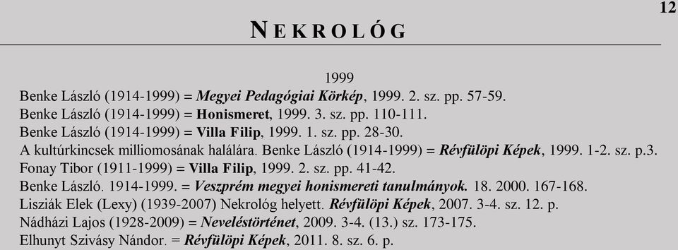 Fonay Tibor (1911-1999) = Villa Filip, 1999. 2. sz. p 41-42. Benke László. 1914-1999. = Veszprém megyei honismereti tanulmányok. 18. 2000. 167-168.