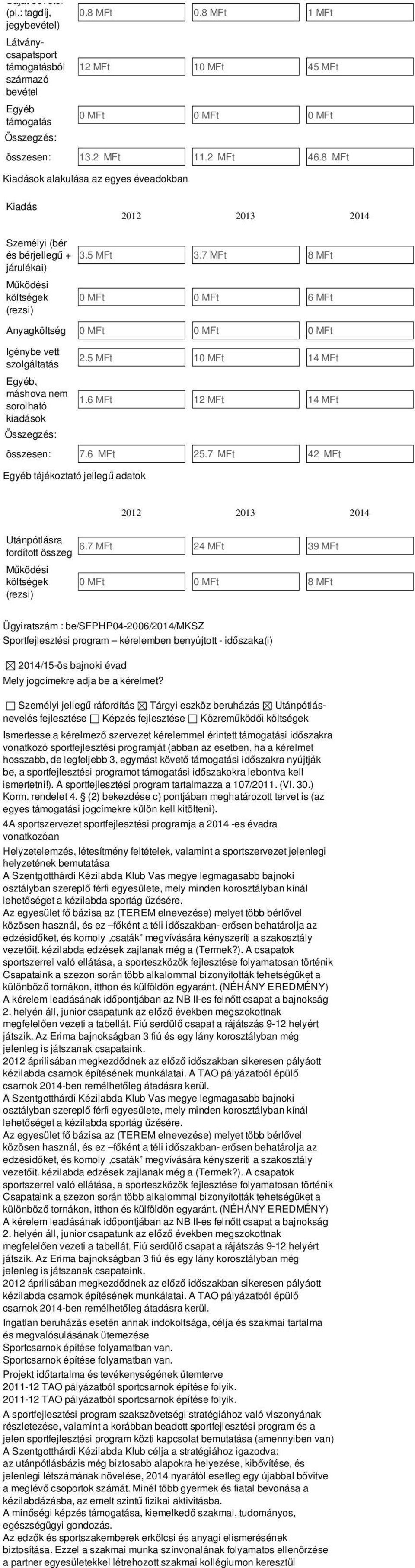 7 MFt 8 MFt járulékai) Működési költségek (rezsi) 0 MFt 0 MFt 6 MFt Anyagköltség 0 MFt 0 MFt 0 MFt Igénybe vett szolgáltatás Egyéb, máshova nem sorolható kiadások 2.5 MFt 10 MFt 14 MFt 1.