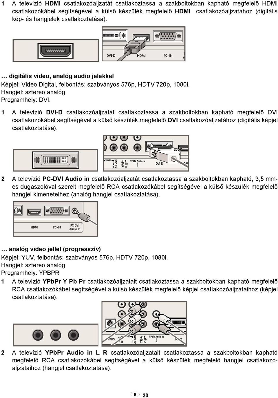 1 A televízió DVI-D csatlakozóaljzatát csatlakoztassa a szakboltokban kapható megfelelő DVI csatlakozókábel segítségével a külső készülék megfelelő DVI csatlakozóaljzatához (digitális képjel