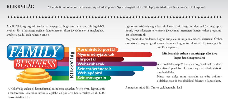 FAMILY BUSINESS KlikkVilág Nyereményjátékok Hírportál Webáruházak Színestörténetek Színesmagazin A KlikkVilág eszközök használatának mindössze egyetlen feltétele van: legyen aktív a rendszerben!