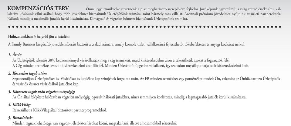 Azonnali prémium jövedelmet nyújtunk az üzleti partnereknek. Nálunk mindig a maximális jutalék kerül kiszámításra. Kimagasló és végtelen bónuszt biztosítunk Üzletépítőink számára.